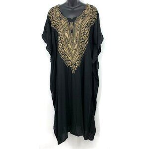 Lapogee Worldover Kaftan Dress One Size Black Slit Embroidered Batwing Women New